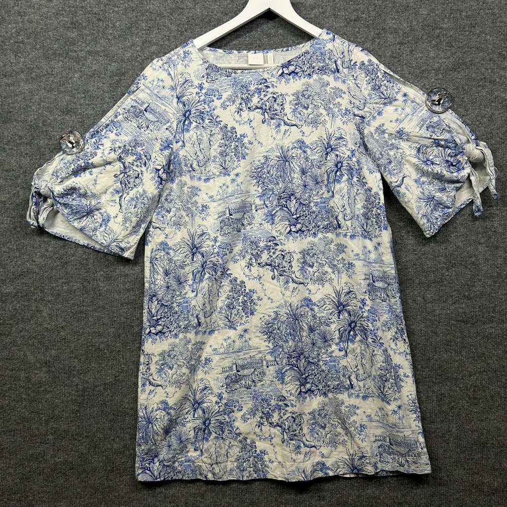 H&M Toile de Jouy Tiger Elephant Mini Dress Women's Blue White Tie Sleeve - 8